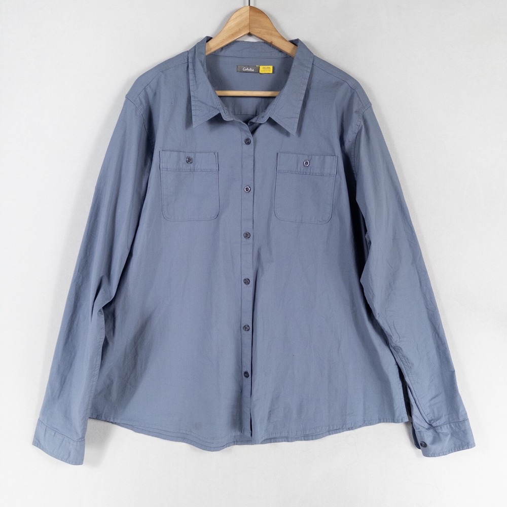 Cabela's Shirt Women Sz 2X Blue Button Up Cotton Stretch Roll Tab Sleeve Camp *
